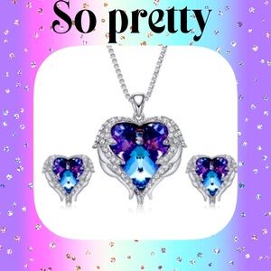 Mystic Rainbow Topaz Angel Wings Heart Necklace Earrings Silver NEW